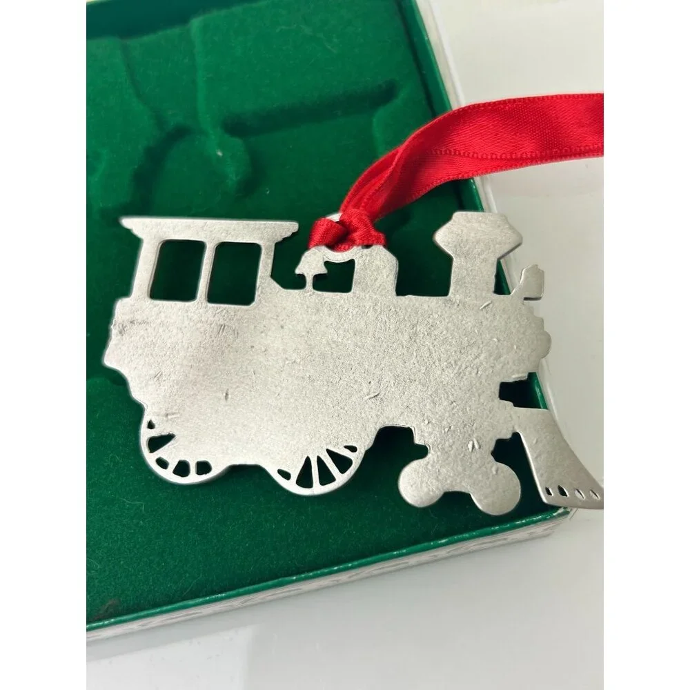 Genuine Pewter Train Christmas Ornament Holiday Tree Decor Red Ribbon VTG USA